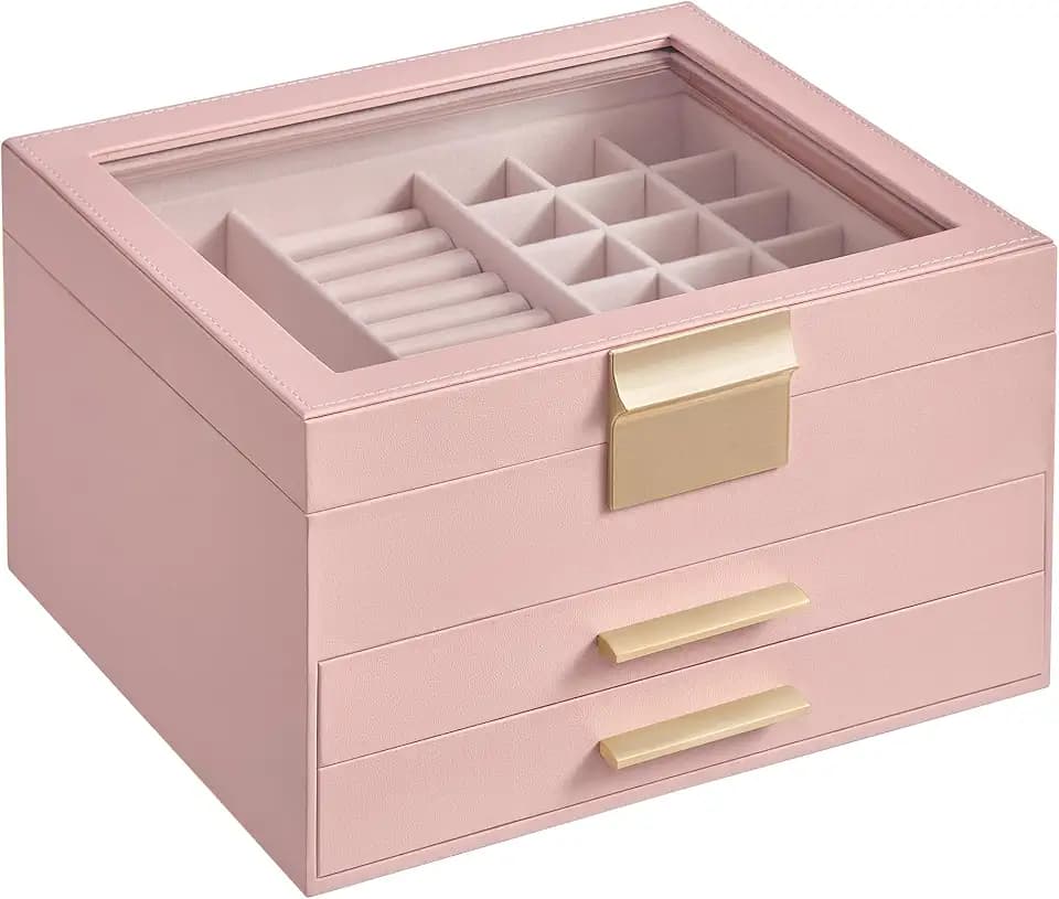 SONGMICS Jewelry Box Organizer, 3-Layer Storage with 2 Drawers, Glass Lid