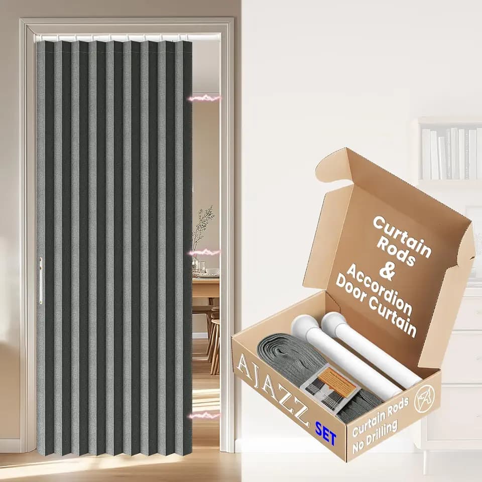 AJAZZ Blackout Accordion Doors with Curtain Rods Adjustable 28-39" Long Interior Invisible Folding Door for Bedroom Living Room Doorway Curtain Sets (1 Pack, 42 W x 78 L, Dark Grey)