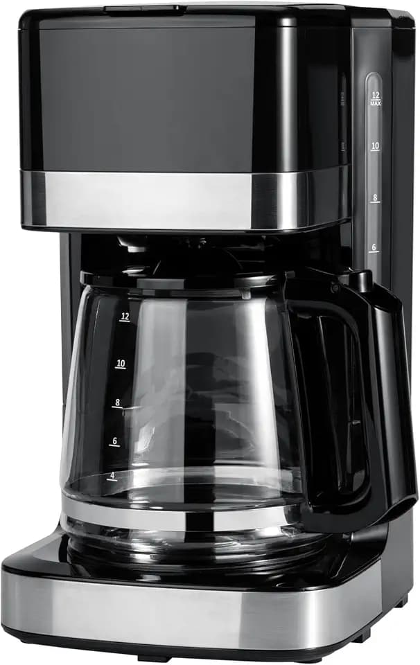 Amazon Basics 12 Cup Drip Coffee Maker with Glass Carafe (1.9 Qt), Auto Shut-off, Auto Pause, Removable Filter Basket, Black & Silver