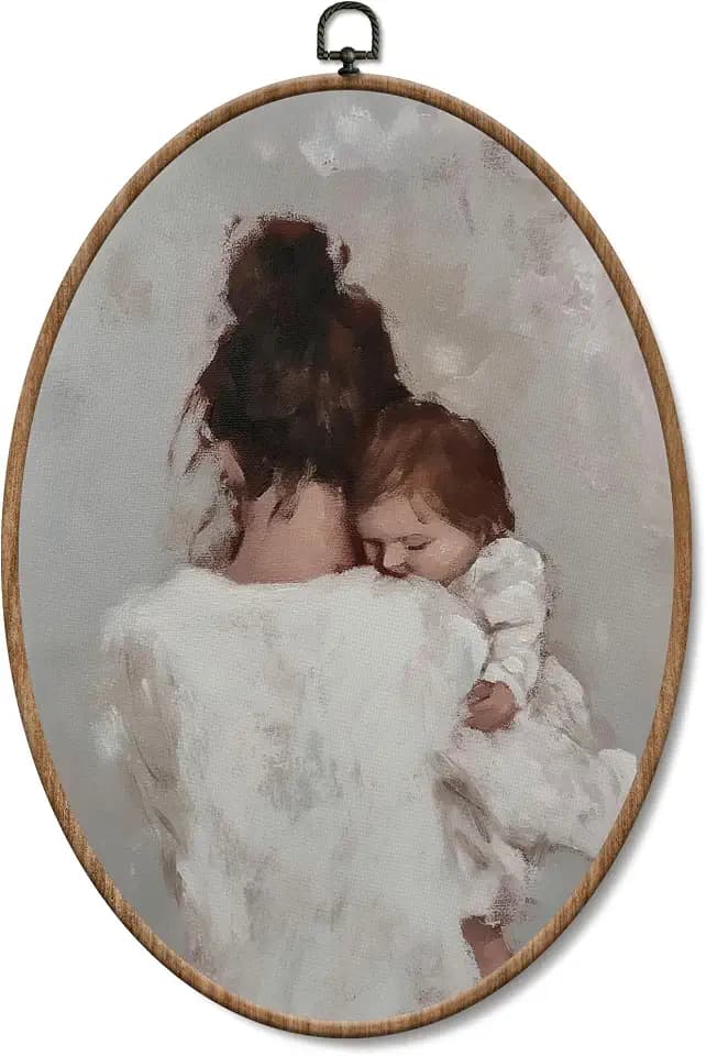 Yorhifa Vintage Mother and Child Framed Wall Art, Neutral Mom and Baby Girl Oval Wall Art, Girl Nursery Oval Walls Decor, Impressionist Canvas Artwork Hanging Decor, 8.5x11.5in