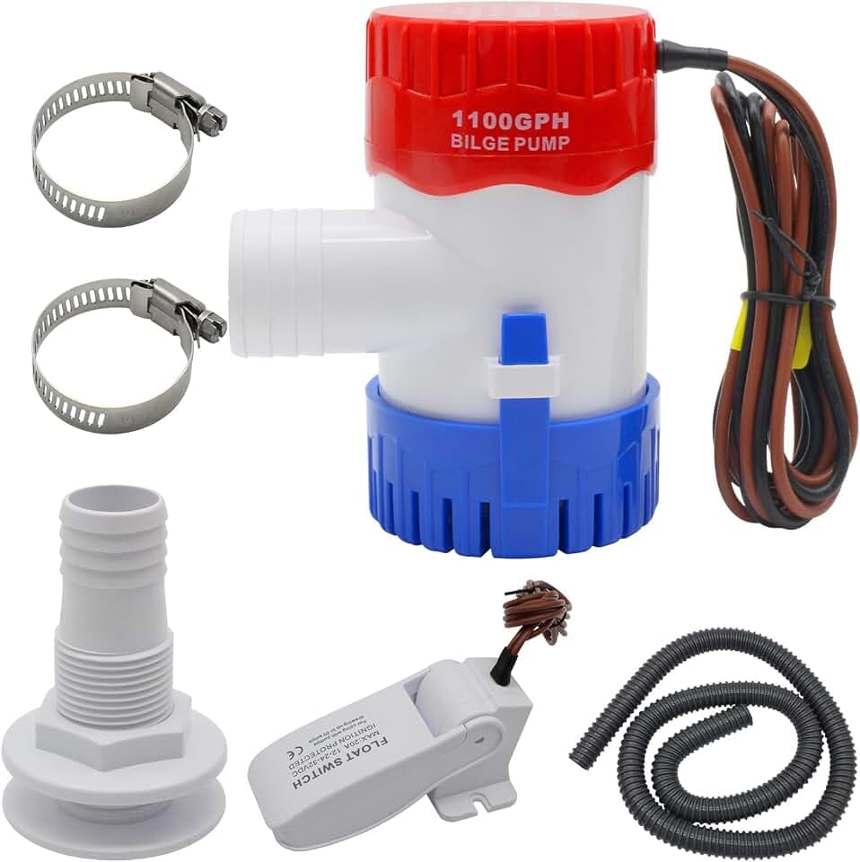 Island Otter Beach 1100 GPH Bilge Pump 12V,Small Size, With Float Switch,1-1/8 Inch Bilge Pump Hose 6FT, 2PCS Stainless Steel Hose Clamps And Thru Hull Fitting, Suitable For Most Floating Boats