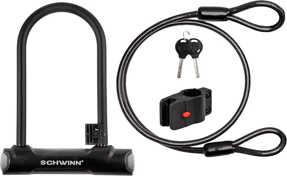 Schwinn Bike U-Lock with Cable, 4 ft x 10 mm Cable, Black, Vinyl Coated Steel Shackle, Mounting Bracket for Storage and Transport, Anti Theft Protection, Shackle Bike Lock for Security