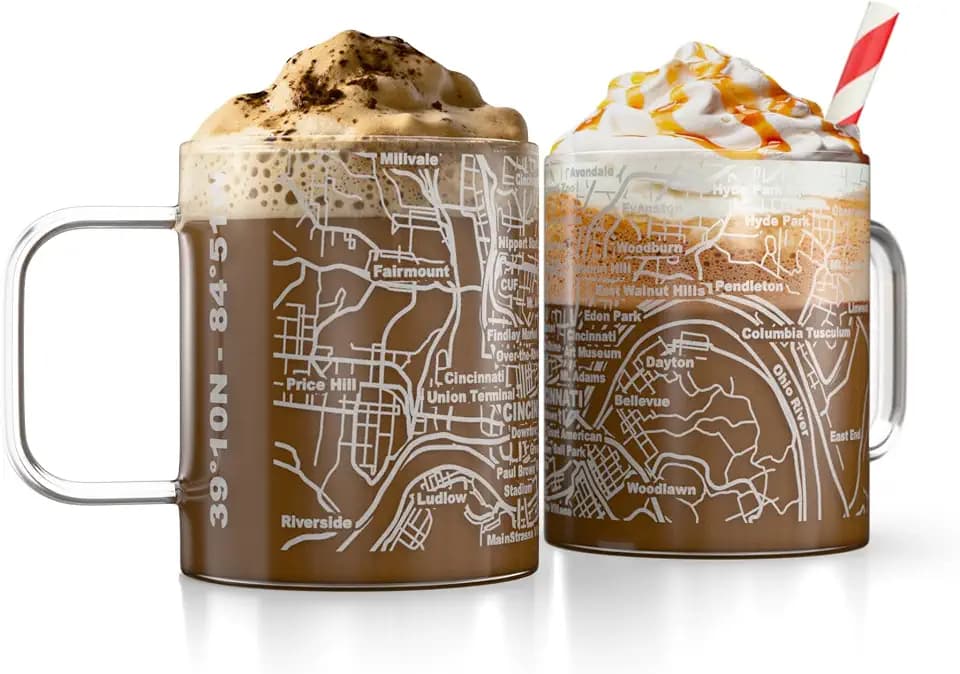 Greenline Goods – Cincinnati, OH Map Glass Coffee Mugs (Set of 2), 16 oz – Etched Wrap Design
