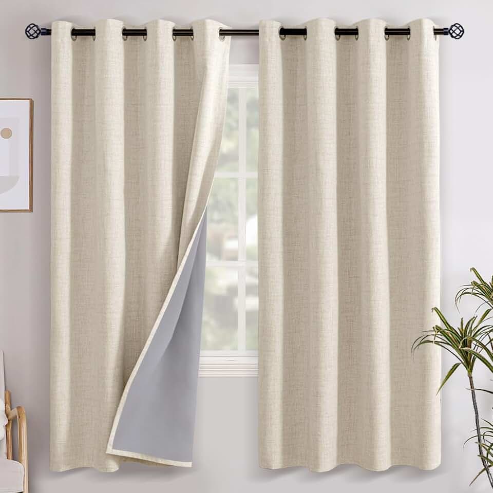 YoungsTex 72 Inches Long Linen 100% Blackout Curtains for Bedroom, Warm Beige Room Darkening Drapes with Grommet Heat Blocking for Farmhouse Living Room Window, 2 Panels, 52 X 72 Inch