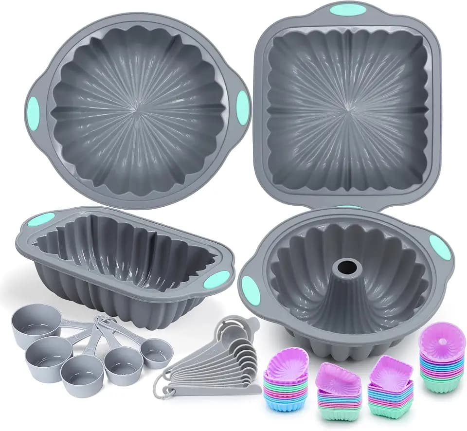 To encounter 69 Pieces Silicone Baking Set, Non-Stick Bakeware Set with Cake Pans, Muffin Cups, Food Grade Silicone Baking Molds for Cakes, Bread, Muffins, Brownies, Light Grey