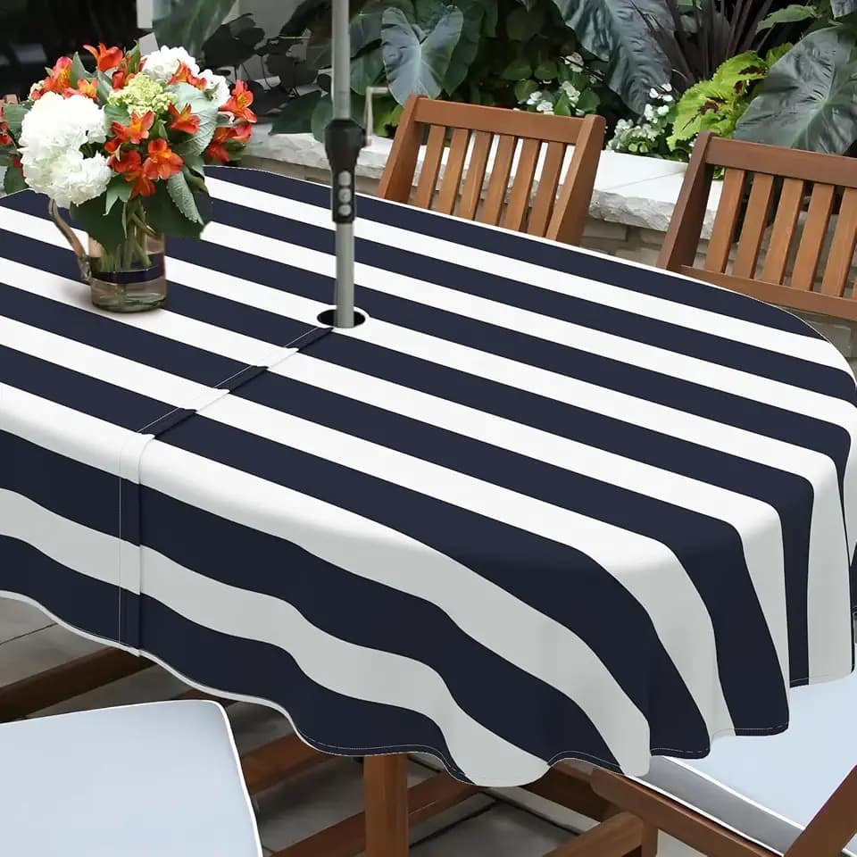 Navy Blue Strips Print Outdoor Tablecloth with Umbrella Hole for Oval Table, Waterproof Strip Patio Table Cloth with Zipper - 52 x 70 inches