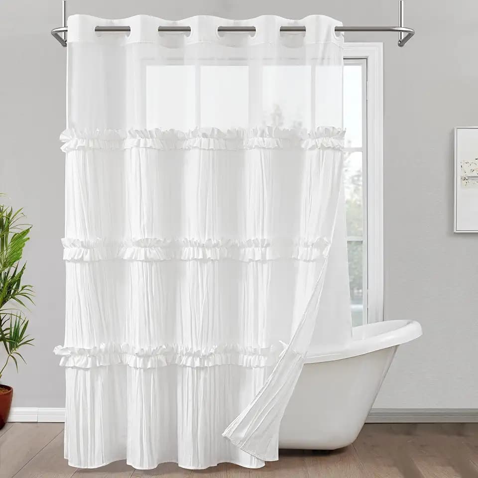 ROSERY No Hook Ruffle Shower Curtain with Fabric Liner Set, 71" W x 74" L