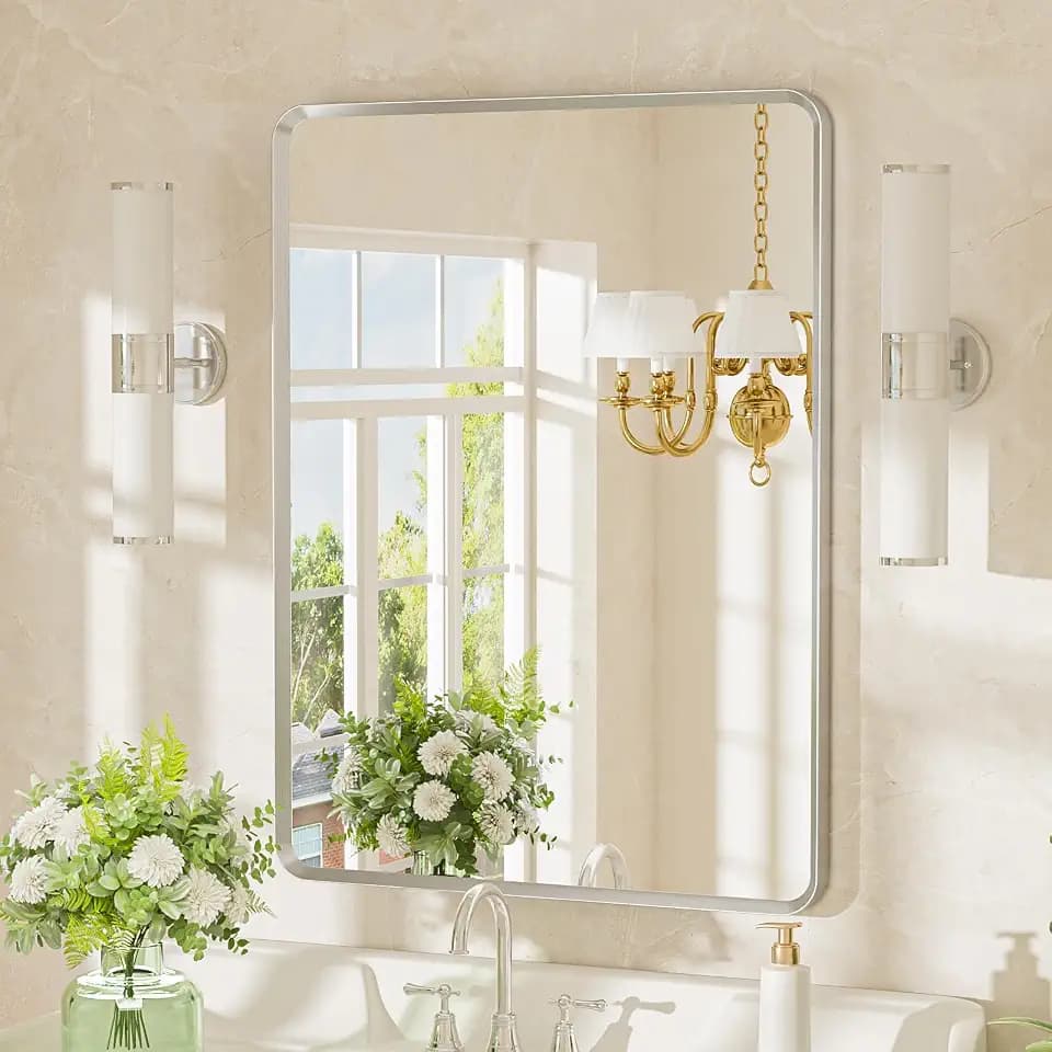 24x36 inch Brushed Nickel Bathroom Mirror, Silver Framed Mirror