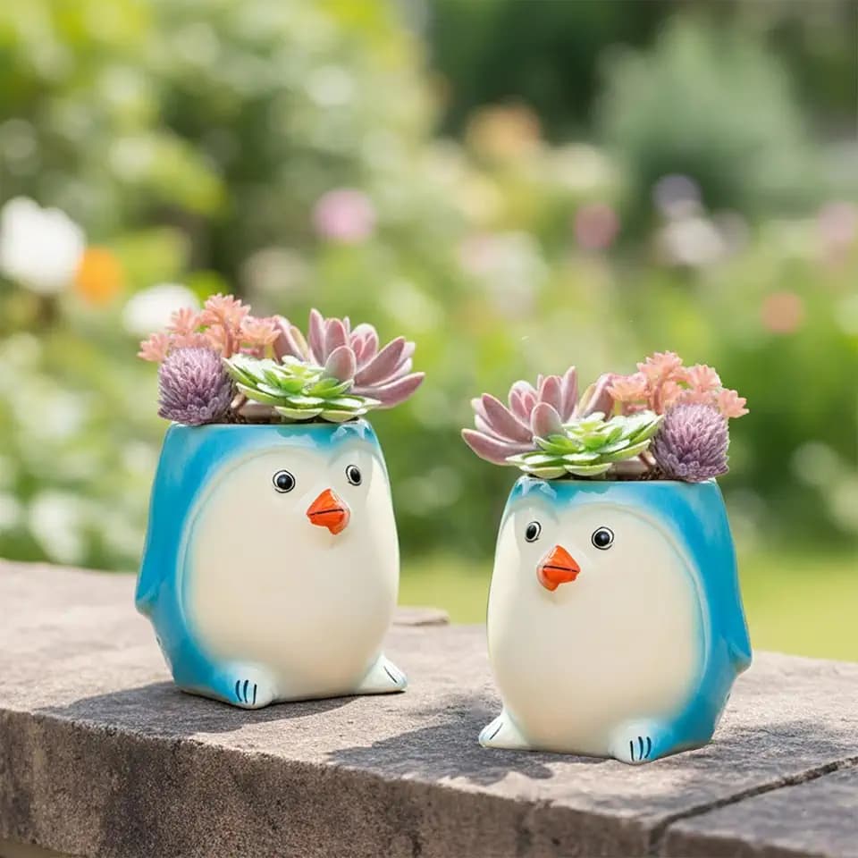 Cute Penguin Ceramic Vase, Blue and White Animal Shaped Flower Pot for Succulents and Floral Arrangements