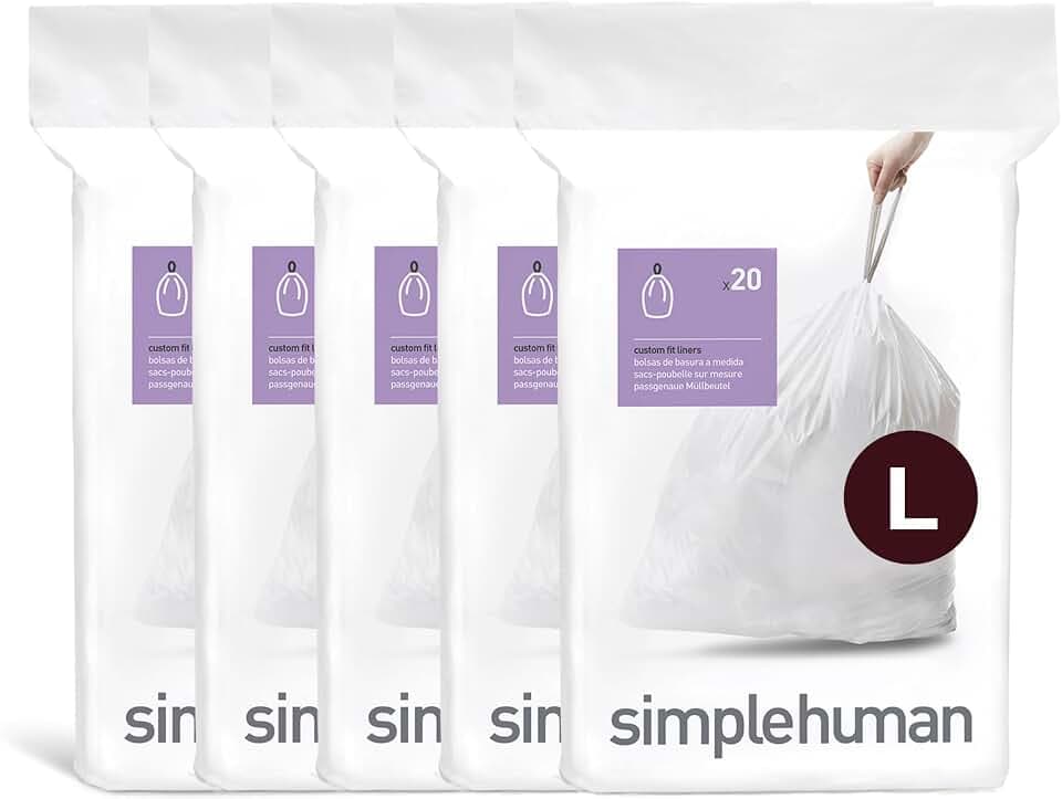 simplehuman Code L Custom Fit Drawstring Trash Bags, 18 Liter / 4.76 Gallon, 100 Pack, White