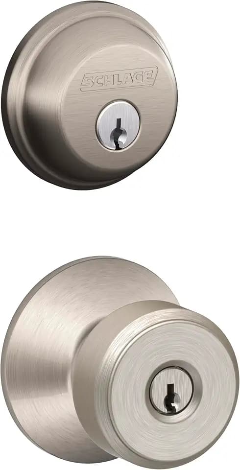 Schlage Deadbolt & Door Knob Set, Bowery Knob, Satin Nickel