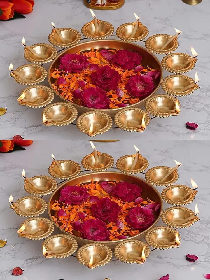Kalakriti 2 Pcs Metal Indian Decorative Urli Bowl Set |Home Table Flower Decoration |Urli Diya Diwali Navratri Pooja HouseWarming Haldi Decor |Return Gifts, 14 Inch Each