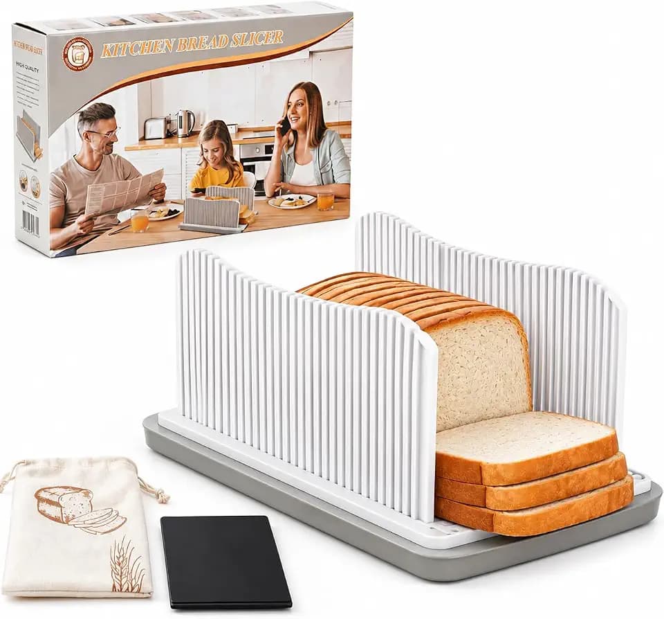 Foldable Bread Slicer for Homemade Bread, Adjustable Width Bread Loaf Slicer with Crumb Tray, Bread Bag & Silicone Mat, Bread Cutter for Even Slices for Loafs, Sandwiches, Bagels & Cakes