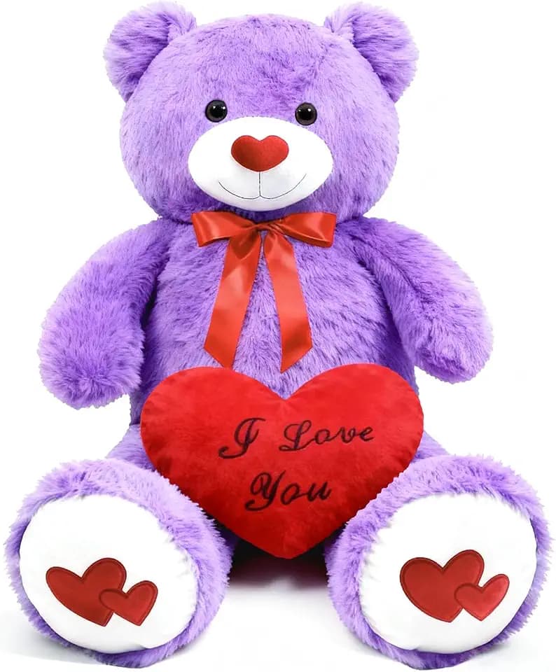 43.3 Inch Giant Teddy Bear with Soft Heart Pillow, Plush Stuffed Animal, Valentine's Day Gift (Purple, 43.3 Inch)