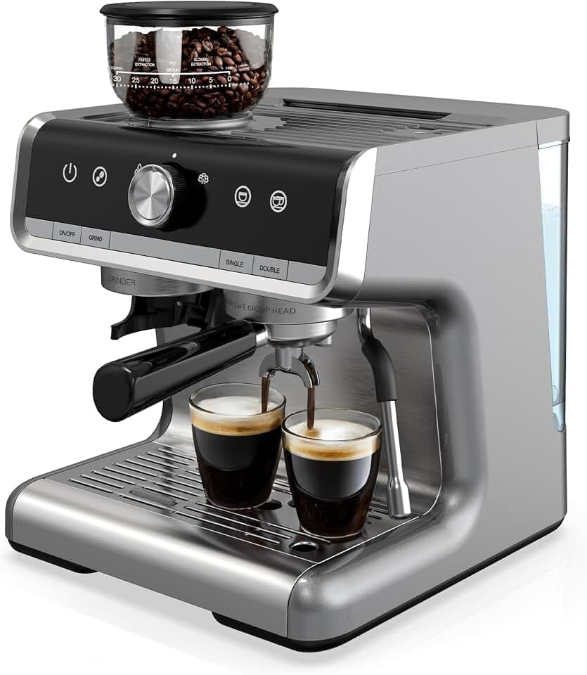 GarveeHome Espresso Machine With Grinder, 20 Bar Semi-Automatic Espresso Coffee Maker With Milk Frother Steamer Wand Cappuccino Latte Macchiato, 95 oz Water Tank, PID Temperature Control, Light Gray