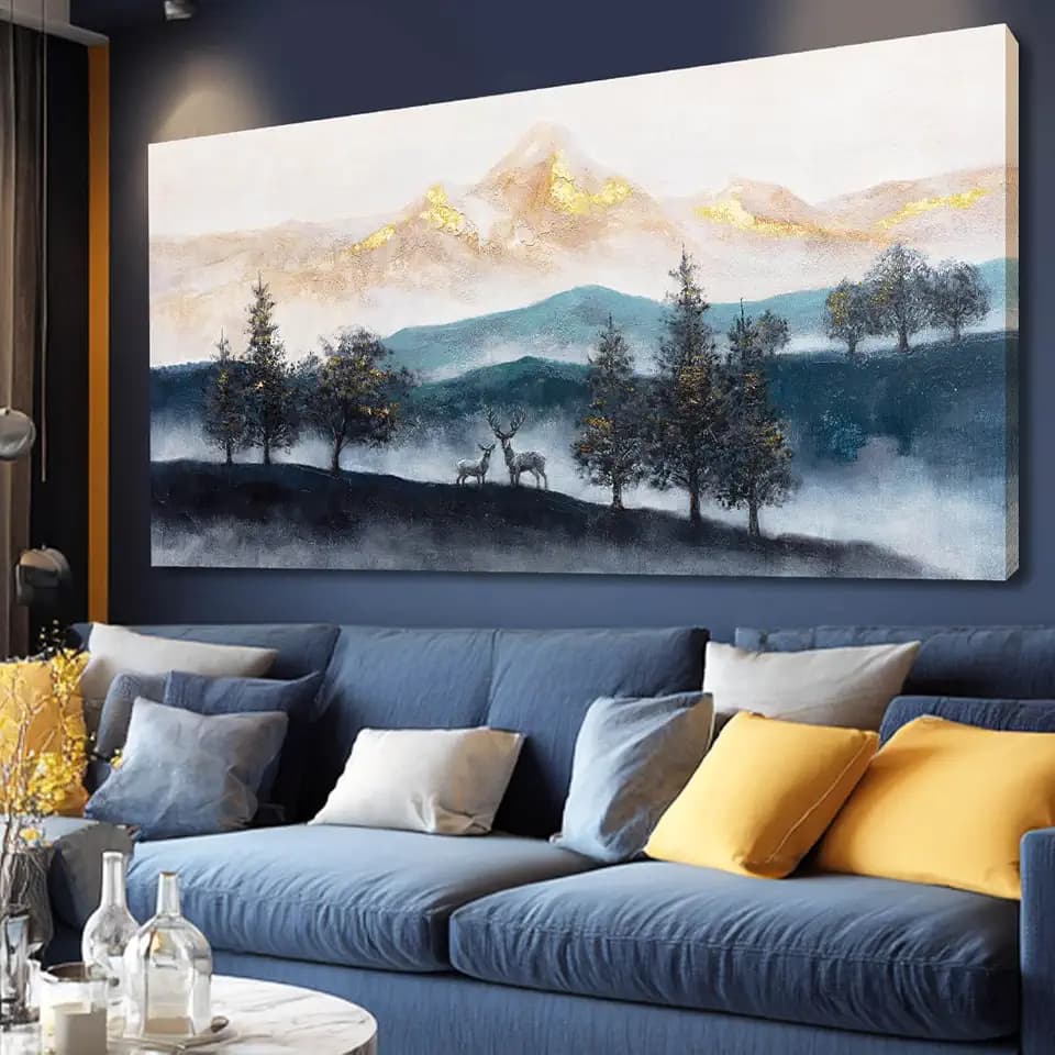 GAIDUOMAI Mountain Canvas Wall Art Gold and Blue Painting Pictures Animals Prints for Wall Decor 24x48 Inch Poster for Living Room Bedroom Home Hanging Decor