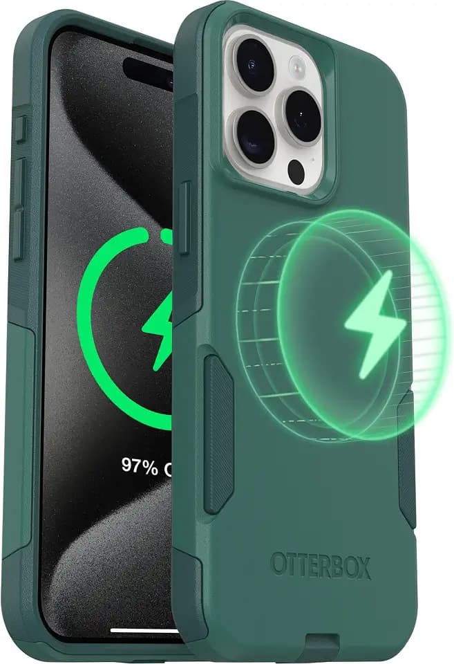 OtterBox iPhone 15 Pro Max - Commuter MagSafe Case - Slim & Tough - Pocket-Friendly - Dual Layer Drop Protection - Port Covers – Non-Retail Packaging - Green