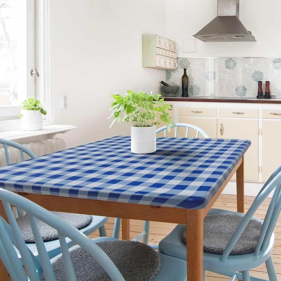Sorfey Kitchen Tablecloth -Fitted with Elastic, Vinyl with Flannel Back, Fits for Table 36" w x 9" L Rectangle,Water Proof, Easy to Clean, Checked Blue Design