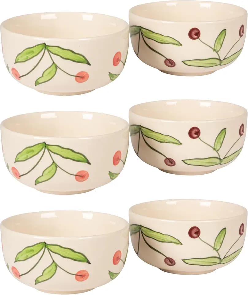 Creative Co-Op 6‑Piece Hand‑Painted Stoneware Bowl Set with Cherry Motif, Multicolor