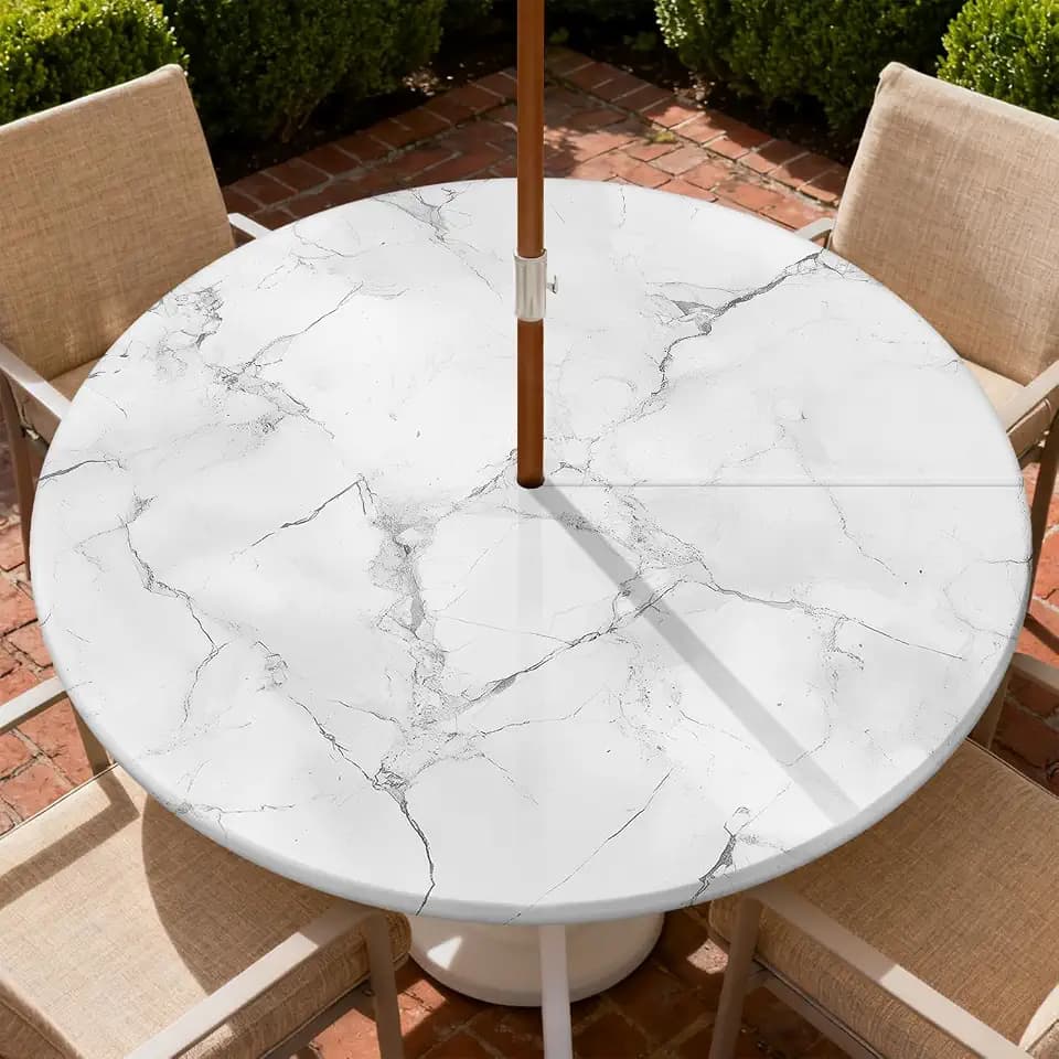 Round Outdoor Tablecloth with Zipper and Umbrella Hole, Fitted Table Cloth with Elastic, Oil Waterproof Tablecover for Patio Picnic Camping Garden Fits 32"-36" Round Table, White Marble