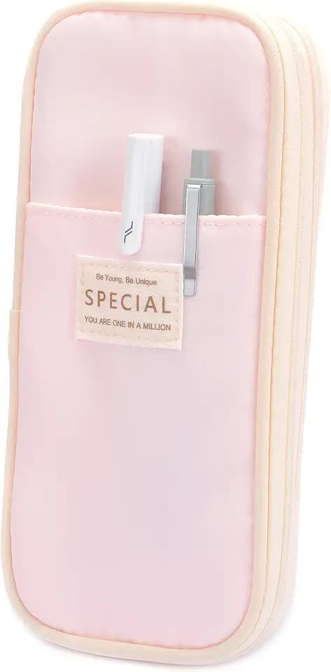 Large Capacity Canvas Pencil Case Organizer Holder Pouch Bag with Zipper Compartments, Pen Cases for Women Girls School Adults (Pink)