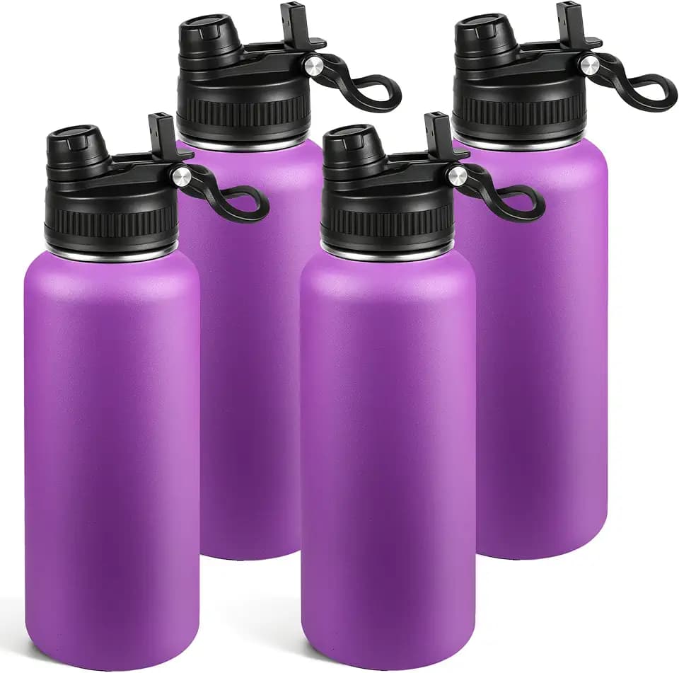 40oz Insulated Stainless Steel Water Bottle Bulk 2-in-1 Leak-Proof Sip & Straw Lid with Handle, Double Wall Vacuum Insulated Travel Mug for Sports, Commute, Office, Purple, 4 Pack