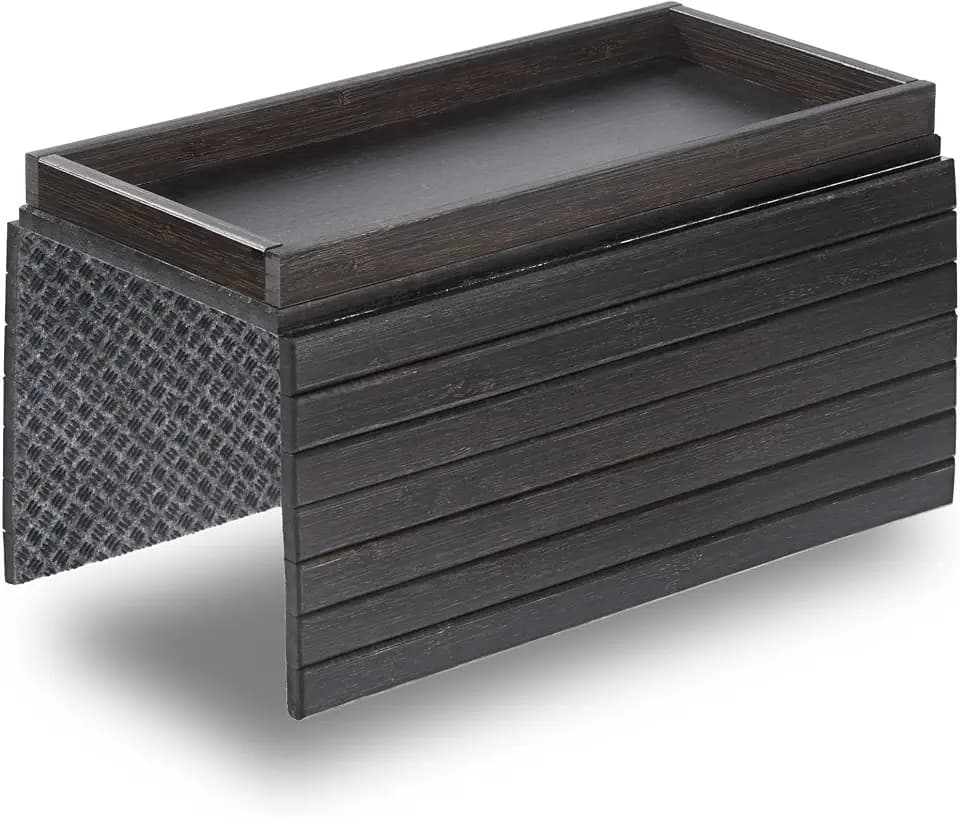 DETOR Sofa Arm Tray with Spacious 12.4" x 5.4" Storage Box, Ebony Bamboo Finish, Enhanced Non-Slip Felt Bottom, Sturdy Bamboo Slats, Fits Armrests 6" and Wider