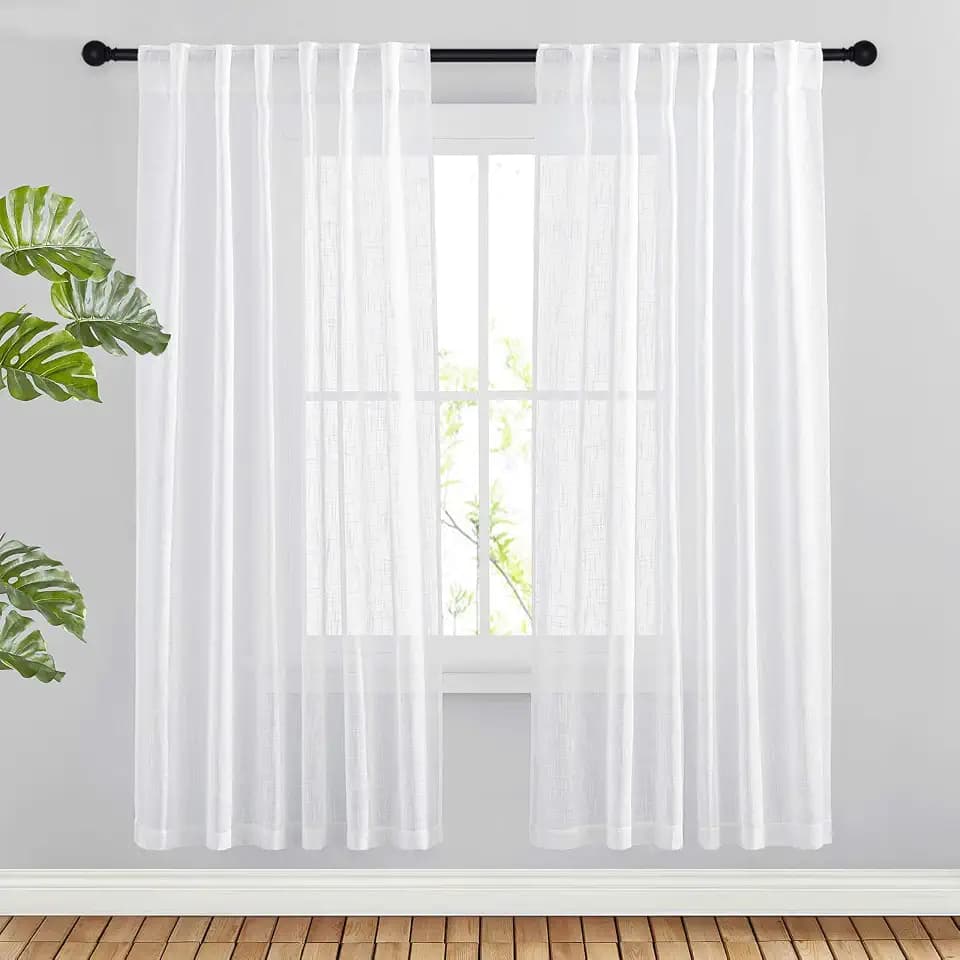 NICETOWN Country Linen Sheer Curtains 72 inches Long for Bedroom Window Treatments, Privacy Semitransparent Voile Sheer Drapes with Light Filtering for Living Room, 52 Inch Wide, White, Set of 2