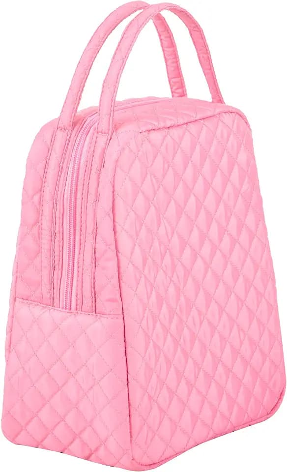 Large Quilted Fabric Cotton Reusable Inusulated Lunch Tote Bag Cooler Snack Bag Women Pretty Thermal Lunch box Storage Gift Bag for Work & Outdoor (Pink)