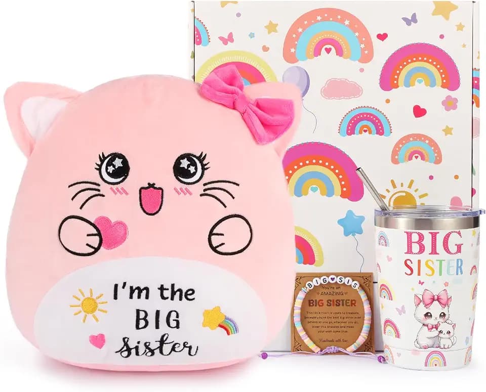 Big Sister Gifts for Girls, New Sibling Gift, 3PCS Big Sis Announcement Gifts for Girls, Bigger Sister Bracelet, 12 oz New Sibling Cup & 12-Inch Bigs Sis Cat Stuffed Animals (Big Sister Cat)