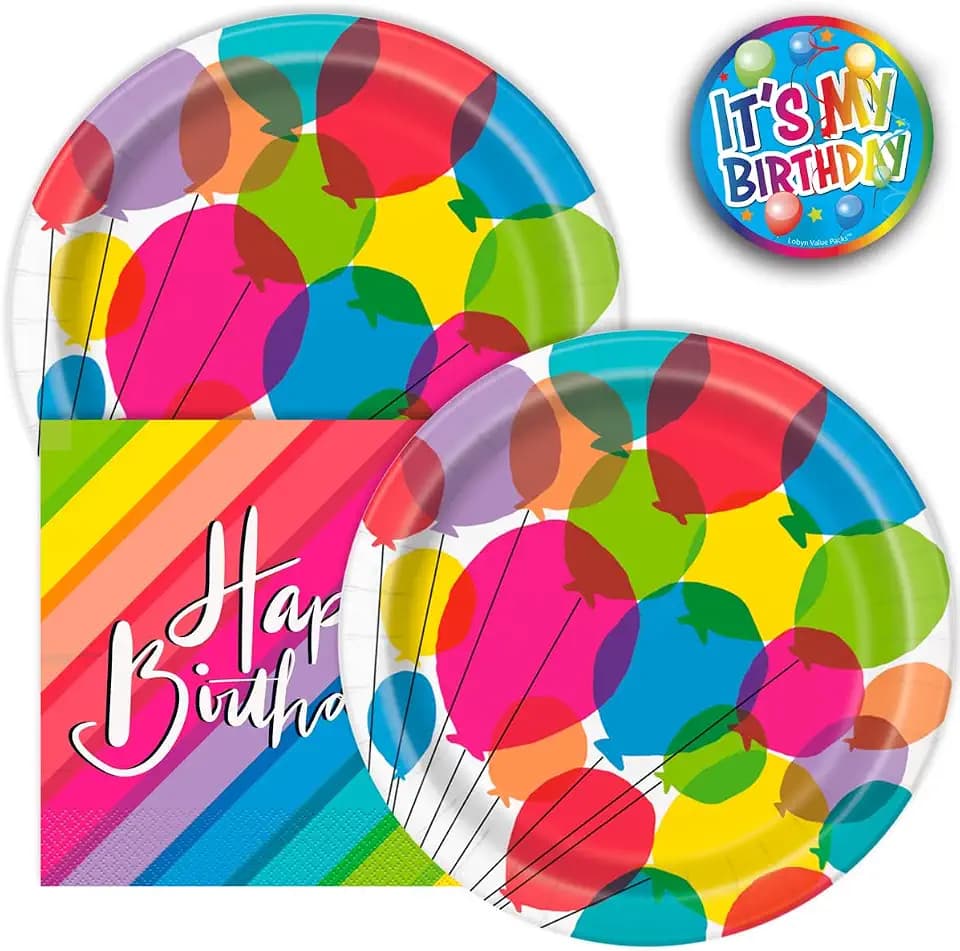 Heavy Duty Rainbow Balloon Designed Birthday Party Plates and Napkins Set – 32 Piece Colorful Disposable Tableware – Includes 16 9-Inch Plates and 16 Luncheon Napkins