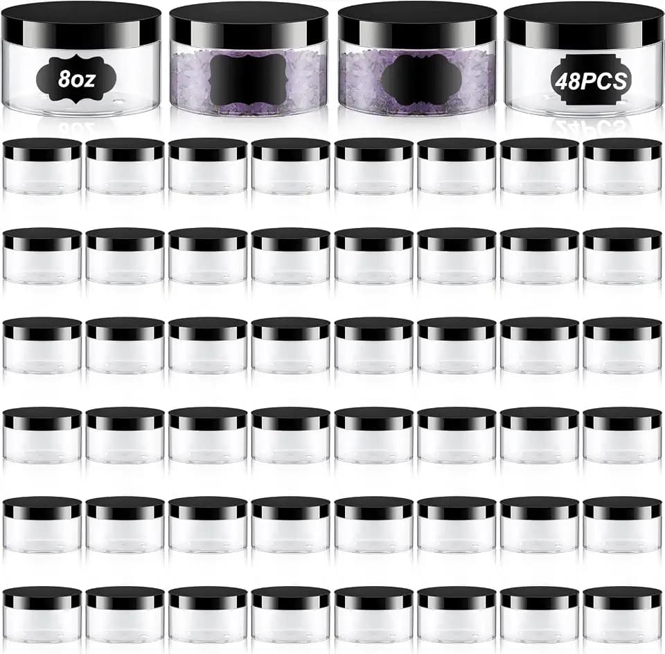 48 Pack 8 oz Clear Plastic Jars with Leakproof Lids & 48 Waterproof Labels