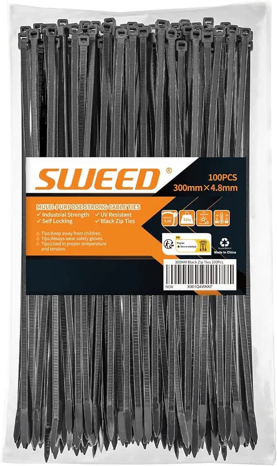 SWEED Kabelbinder schwarz 300mm, UV Beständig, 4.8mm Breite, Zugfestigkeit Bis Zu 22kg - 100 Stück
