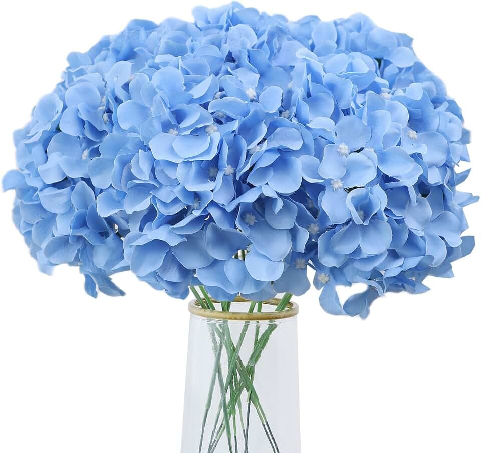 AVIVIHO 10pcs Fake Flowers Blue Hydrangea Artificial Flowers Bulk (Not Squished, No Steaming Need) Silk Flowers with Stems for Wedding Decor,Home,Baby Shower,Table Centerpieces Decoration