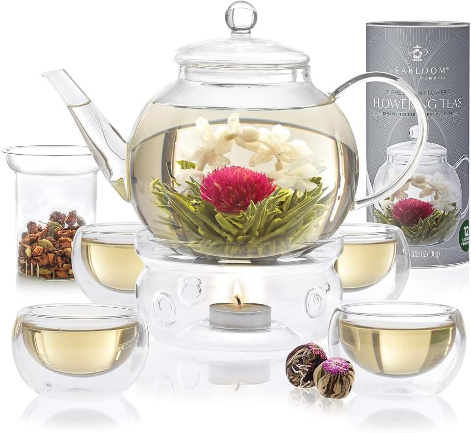 Teabloom Complete Glass Tea Set – Teapot (40 oz), Loose Tea Infuser, 4 Insulated Teacups, Tea Warmer with Candlelight, and 12 Flowering Teas – Elegant Blooming Tea Gift Set