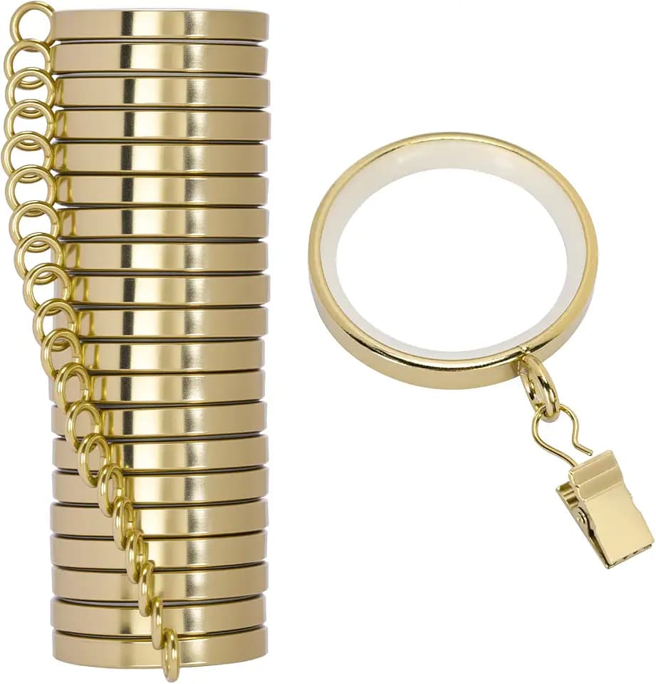 20 Pack Premium Easy Glide Curtain Rings with Clips, Metal Drapery Rings with Silent Nylon Inserts, 2 inch Diameter (1-5/8 inch Inside Diameter) Gold Curtain Rod Clips & Rings for Windows