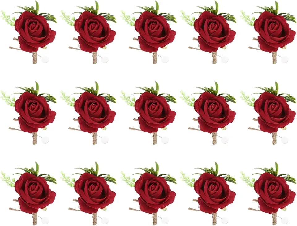 MECCANIXITY 15PCS Men Boutonnieres Corsages, Bright Red Rose Groomsmen Corsage Wristlet with Pins for Wedding Ceremony Anniversary, Dinner Party