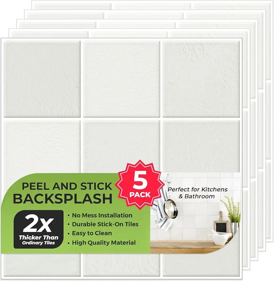 Select 5 Pack Peel and Stick Backsplash Square Tiles, 12x12 in, Stone White