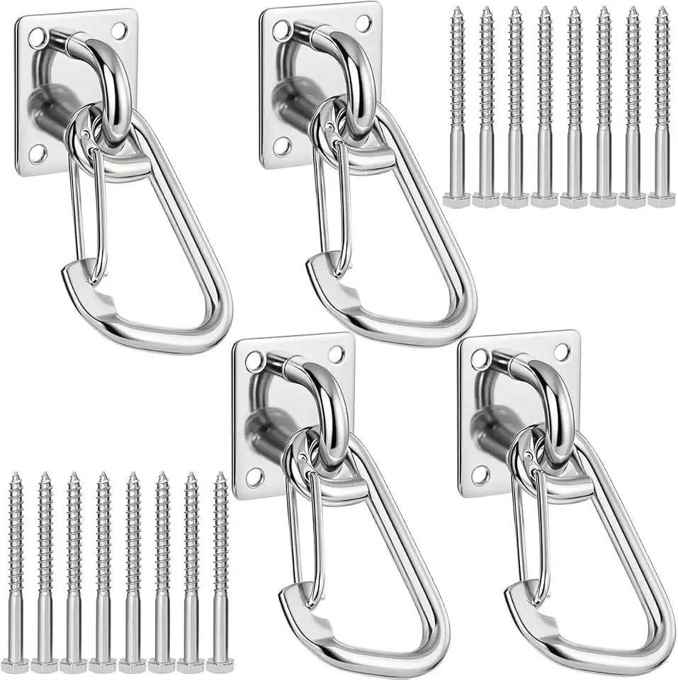 Heavy Duty Hammock Hooks Hanging Kit 4PCS Stainless Steel M10 Pad Eye Ceiling Hooks & Snap Hook Integrated, Rust-Resistant Anchor Hooks for Swings, Indoor & Outdoor Home Applications