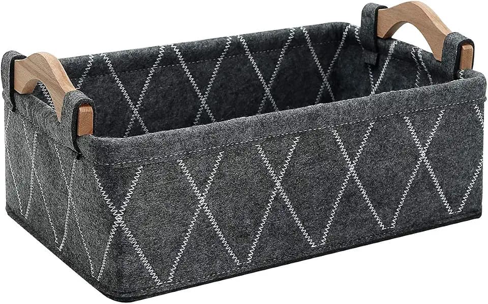 Storage Basket Small Bins for Shelves Cute Containers for Books Magazines Keys Makeups TV Remotes Power Bank Cables Felt Caddy Gray Baskets