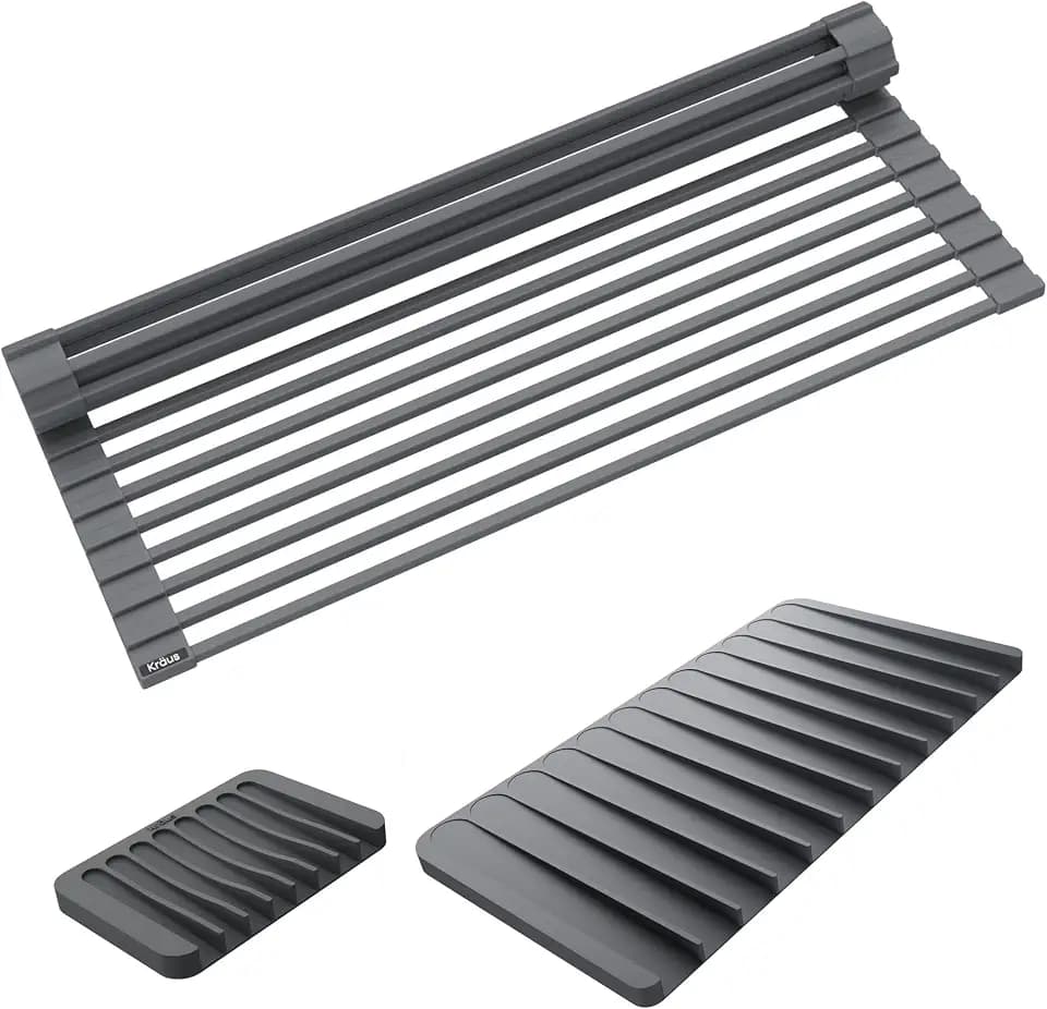 Kraus Roll Up Dish Drying Rack with Self-Draining Silicone Dish Drying Mat and Silicone Soap Dish Holder in Dark Grey, KDM-KRM-10DG