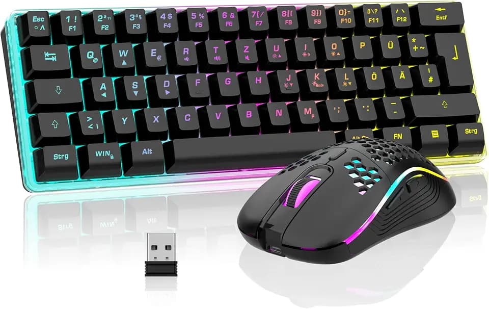 RedThunder 60% Kabelloses RGB Gaming Tastatur und Maus Set, QWERTZ DE Layout, Wiederaufladbare Funktastatur mit Ultraleichte Gaming Maus mit Wabenkonstruktion, für PC MAC PS5 Xbox Gamer, Büro.