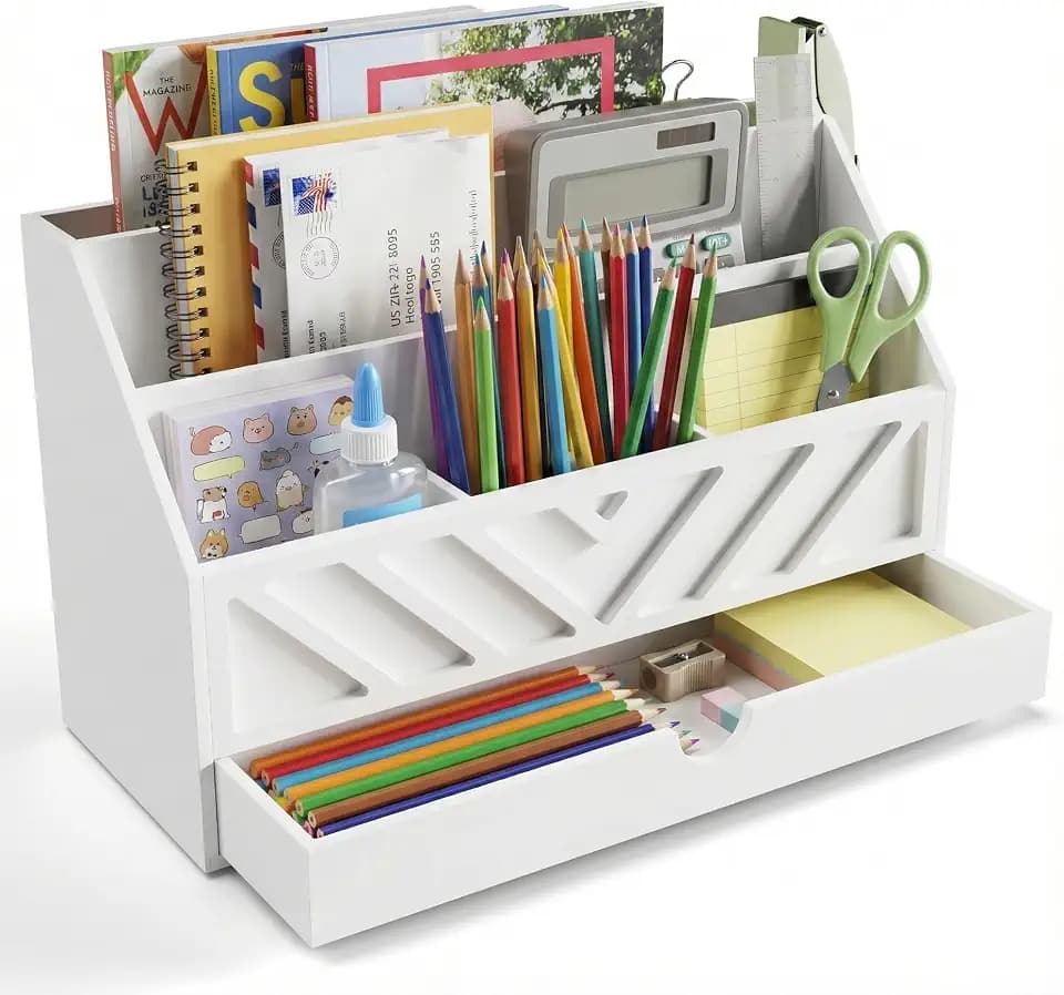SRIWATANA White Desk Mail Organizer with Drawer, 5 Slot Countertop Sorter