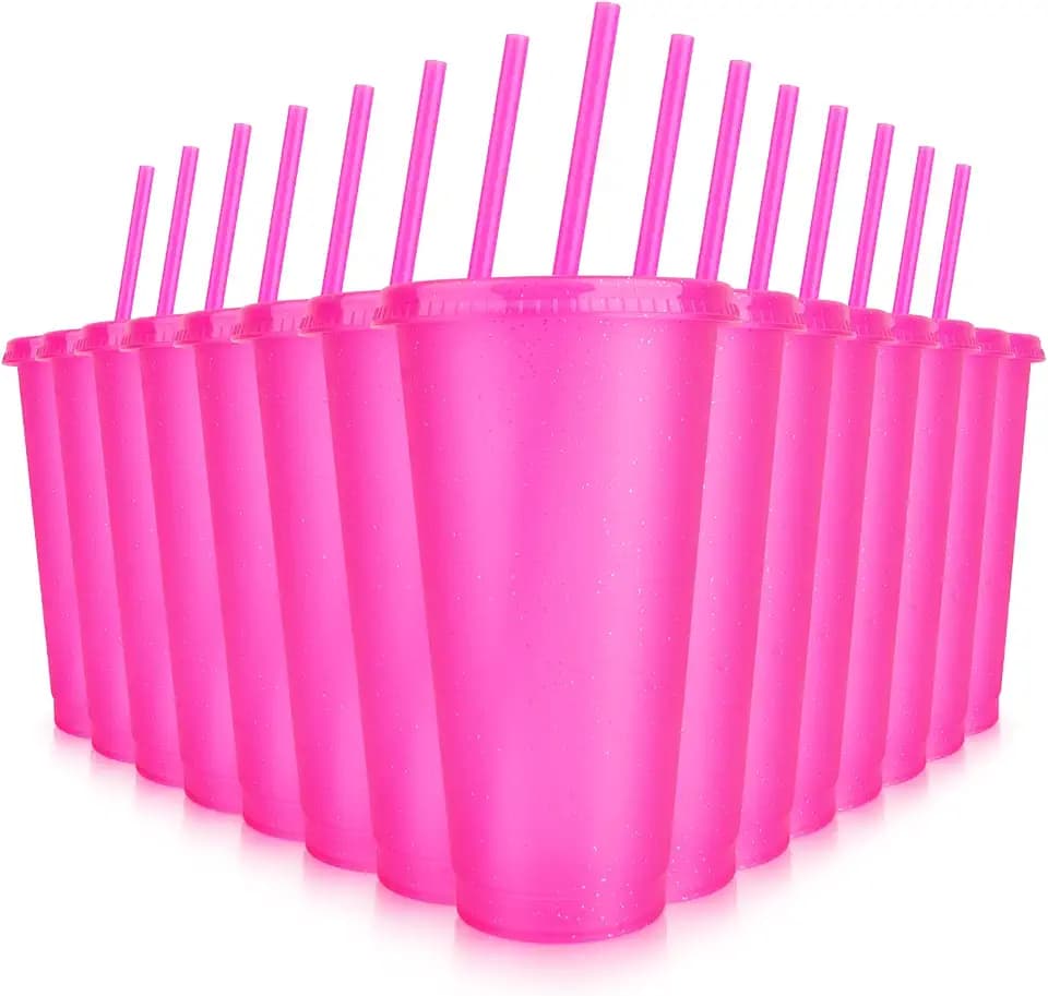 Hxezoc 16-Piece Reusable Cups with Lids and Straws, 24 oz Glitter Plastic Tumbler Iced Coffee Cups Travel Mugs for Smoothies, Juices, Beach, Bachelor Party (Hot Pink)