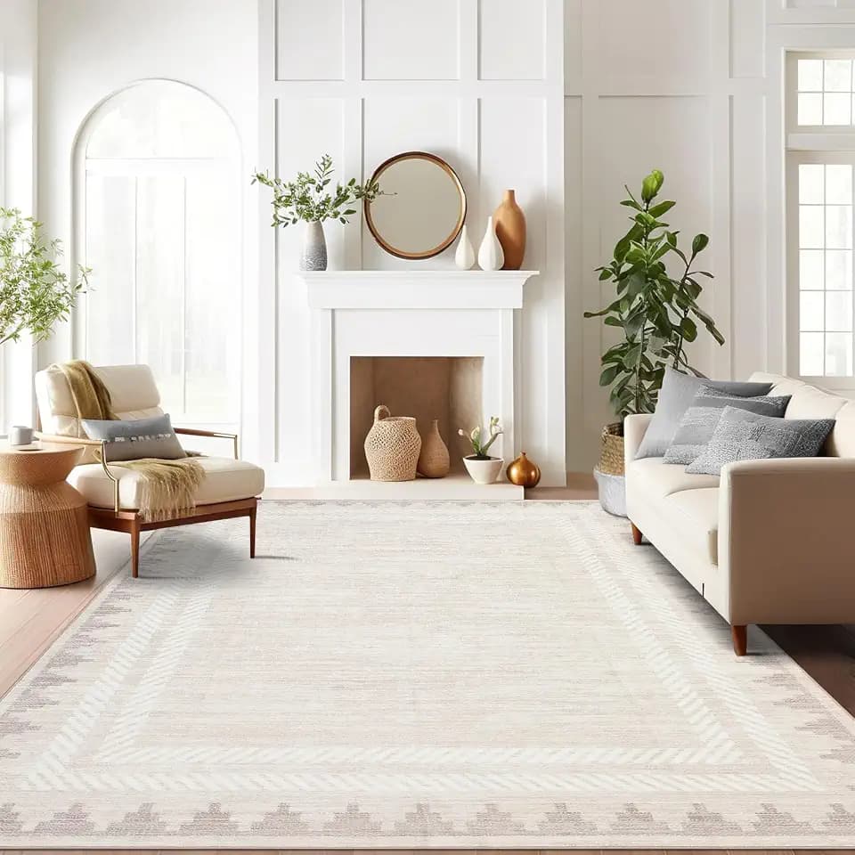 Garvee 8x10 Washable Rugs for Living Room Bedroom Solid Bordered Rug Beige