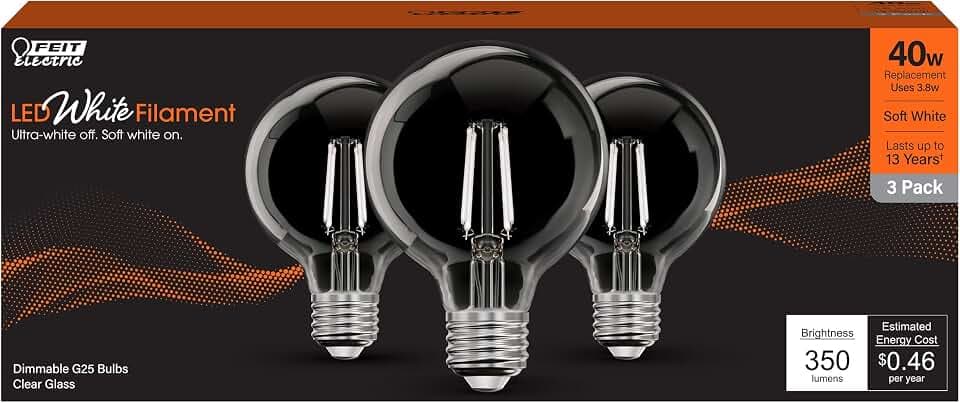 Feit Electric G25 White Filament LED Bulb, 40W Eq, Soft White, 3 Pack