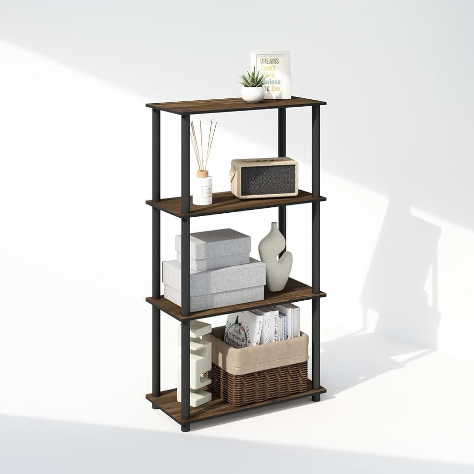 Furinno Turn-N-Tube Book Shelf, 4-Tier Bookshelf, Bookcase with Multipurpose Compact Display Rack, 11.6 x 23.6 x 43.2, for Living Room, Bedroom, Home Office, Columbia Walnut/Black