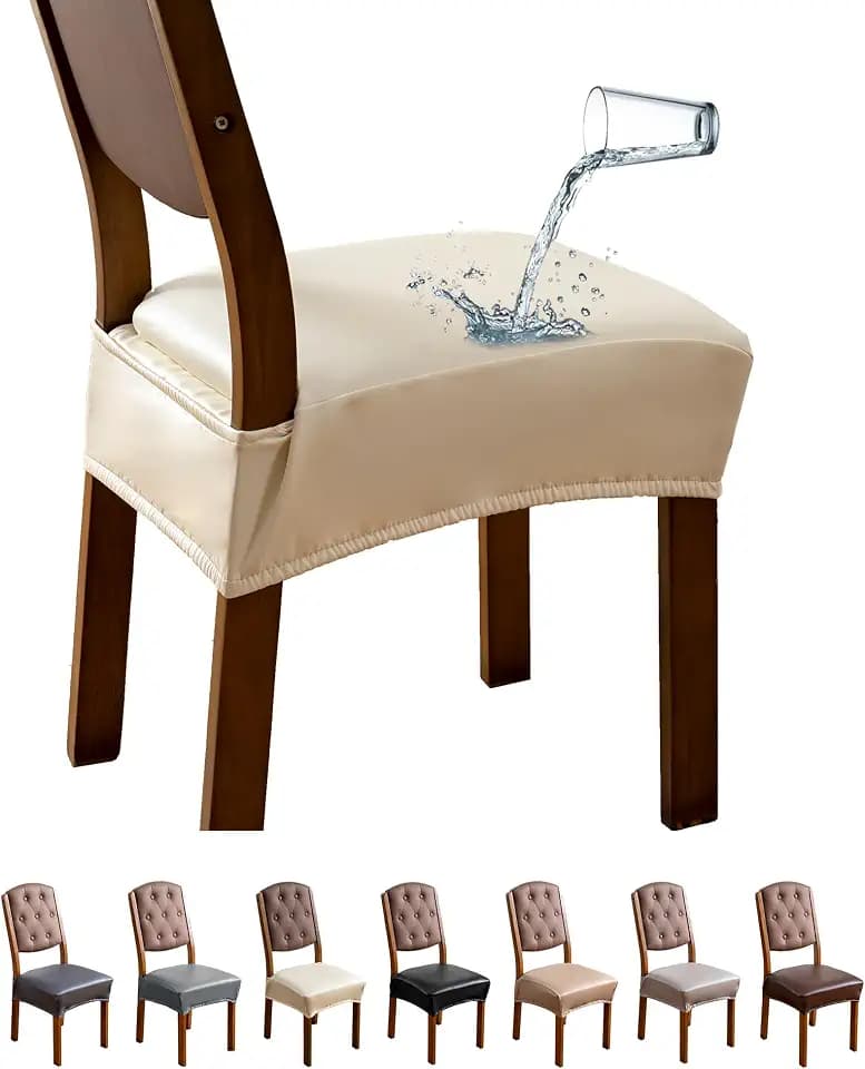Genina Dining Chair Covers Set of 6, Waterproof PU Leather Dining Seat Covers Stretch Wipeable Dining Room Seat Cover Kitchen Chair Slipcover Protector (Rear-Covered Design, Cream)