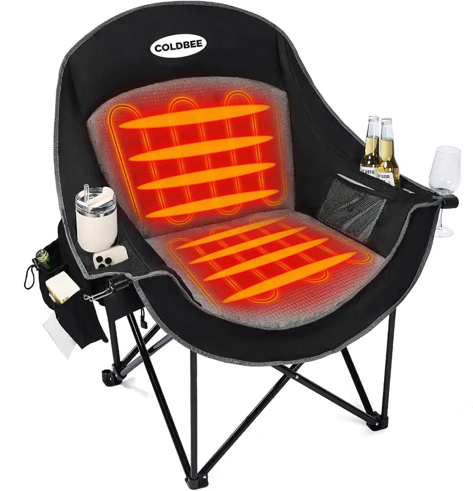 Heated Oversized Camping Chair, Heavy Duty Padded, Thick Headrest, Black