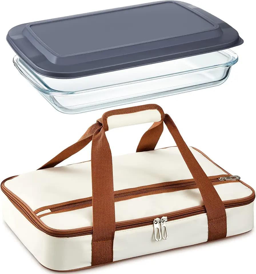 FoldTier Glass Baking Dish with Lid Glass Casserole with Carrier 9 x 13 Inch Insulated Bag for Hot Cold Food Deep Casserole Dish for Oven Potluck Party Picnic Cookouts (Beige)